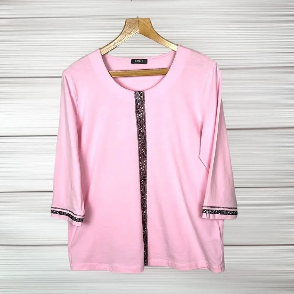 BASLER Pink Cotton Top 3/4 Sleeve Tee Contrast Lace Details size 10